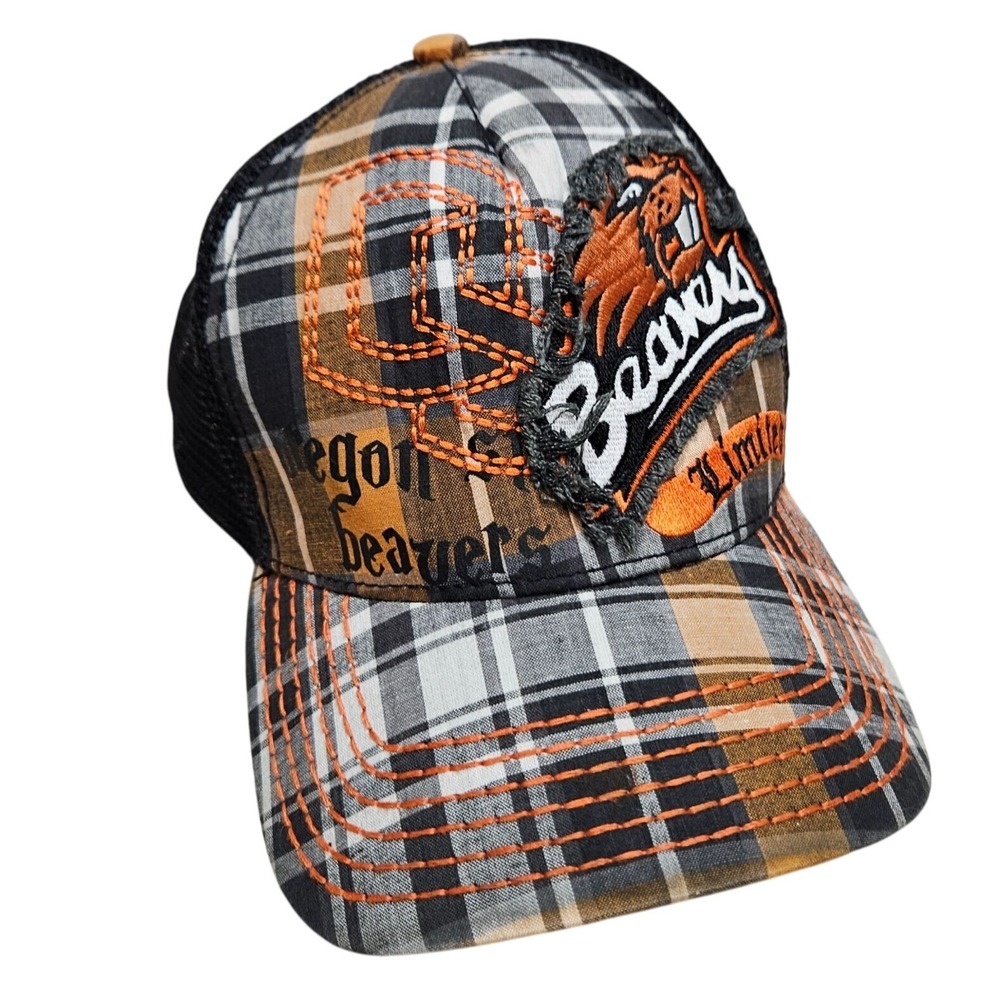 Oregon State Beavers Plaid Trucker Hat New Era Black‎ Orange Mesh Limited Cap
